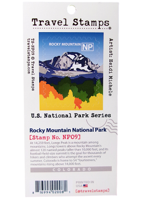 Colorful travel stamp sticker featuring a mountain scene labeled "Rocky Mountain NP," part of the U.S. National Park Series. Includes details about Longs Peak and stamp number NP09.