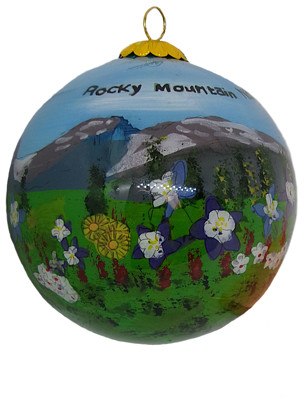 hallet Bulb The Ornament RMNP Glass is a round piece featuring a painted landscape of the Rocky Mountains, showcasing mountains, a green field, and colorful flowers.