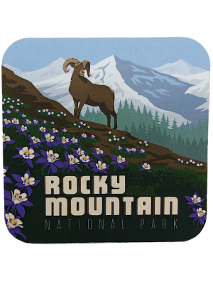 Coaster - RMNP Bighorn Columbine displays a bighorn sheep on a hillside with purple flowers, framed by snow-capped mountains.
