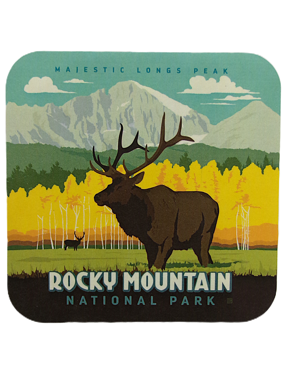 Illustrated coaster, "Coaster - RMNP Elk," features an elk in a field with snowy mountains. Text reads "Majestic Longs Peak" and "Rocky Mountain National Park.