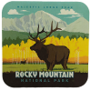 Illustrated coaster, "Coaster - RMNP Elk," features an elk in a field with snowy mountains. Text reads "Majestic Longs Peak" and "Rocky Mountain National Park.