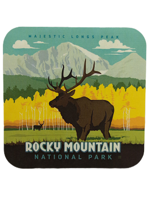 Illustrated coaster, "Coaster - RMNP Elk," features an elk in a field with snowy mountains. Text reads "Majestic Longs Peak" and "Rocky Mountain National Park.