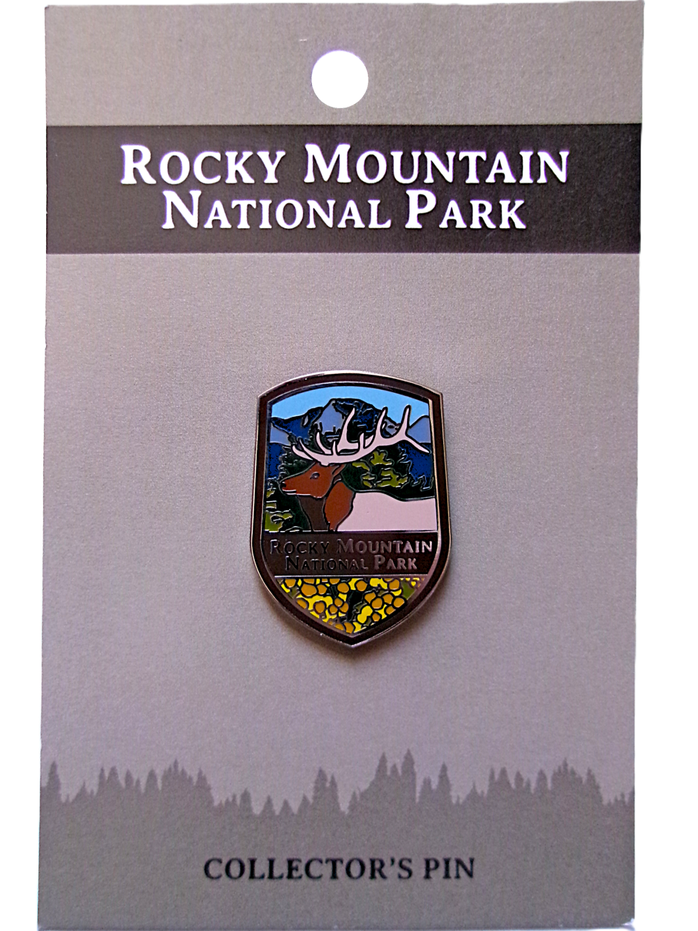 Elk Collector Pin Rocky Mountain National Park collector's pin called "Pin - RMNP Elk," showcasing an elk and mountain scene on a display card.