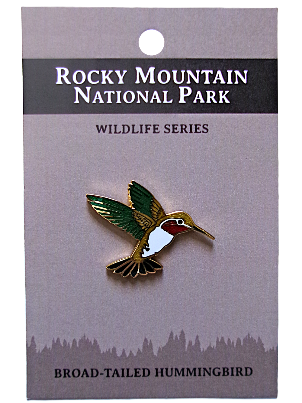 Hummingbird Pin A pin from the RMNP North American Wildlife Series features a broad-tailed hummingbird.