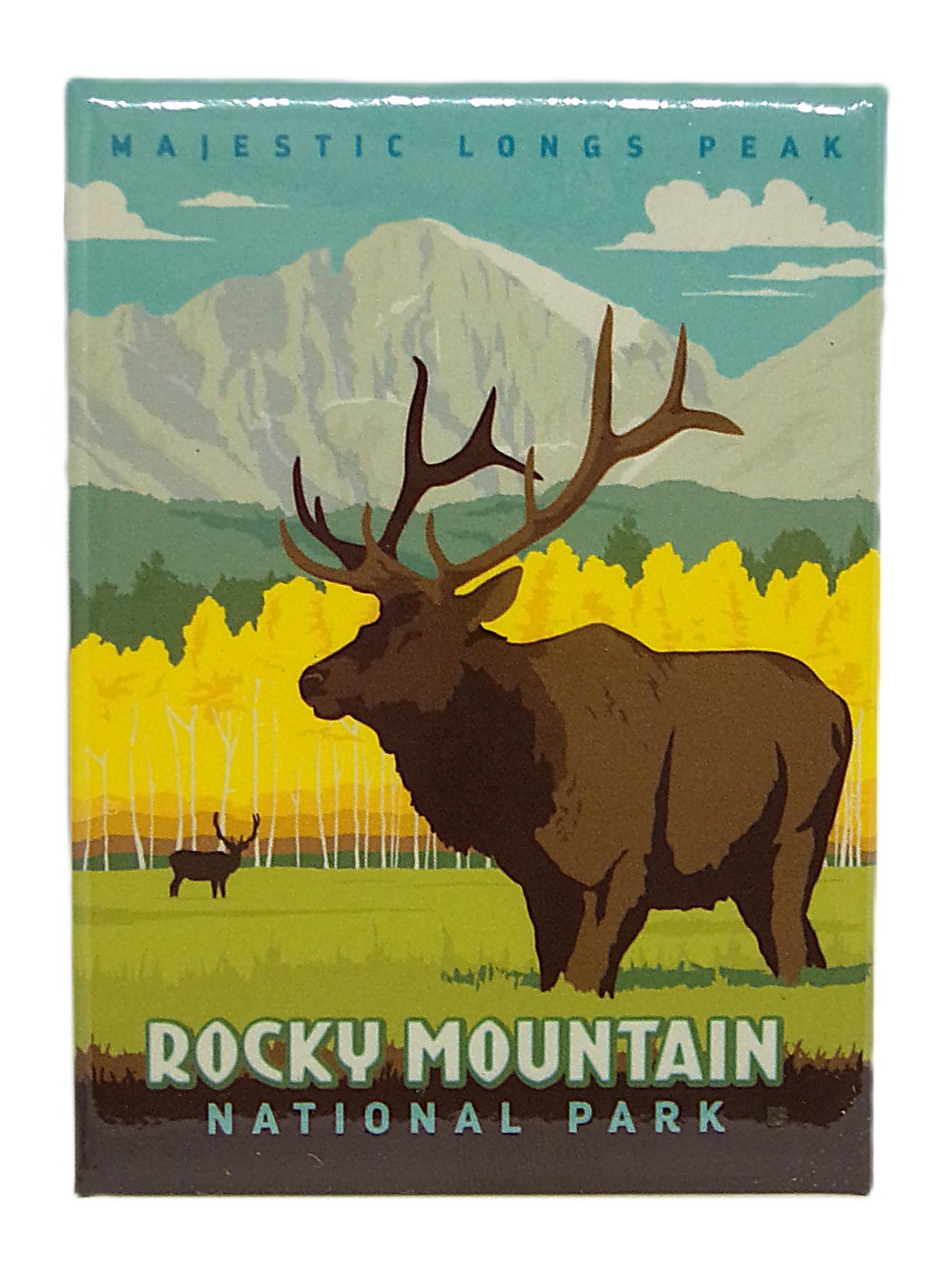 A large elk illustration against yellow trees and mountains with "Majestic Longs Peak" and "Rocky Mountain National Park" text, featured on the Magnet - RMNP Elk.