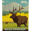 A large elk illustration against yellow trees and mountains with "Majestic Longs Peak" and "Rocky Mountain National Park" text, featured on the Magnet - RMNP Elk.