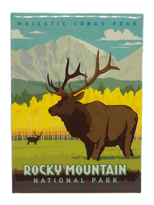 A large elk illustration against yellow trees and mountains with "Majestic Longs Peak" and "Rocky Mountain National Park" text, featured on the Magnet - RMNP Elk.