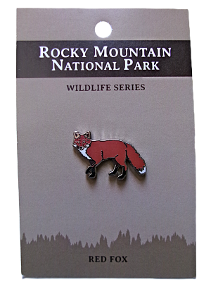Red fox pin card labeled "Pin - RMNP North American Wildlife Series Red Fox.
