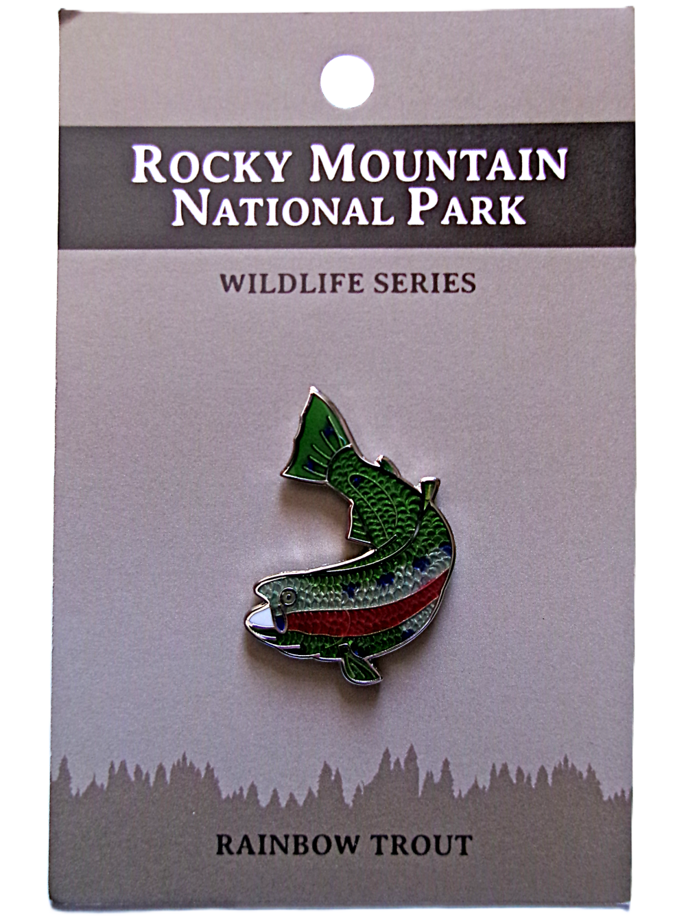 Trout Pin Rainbow trout pin from the RMNP North American Wildlife Series, attached to a display card.