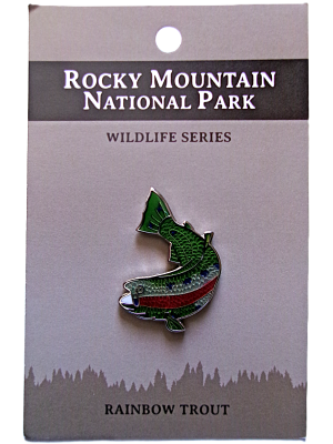 Rainbow trout pin from the RMNP North American Wildlife Series, attached to a display card.