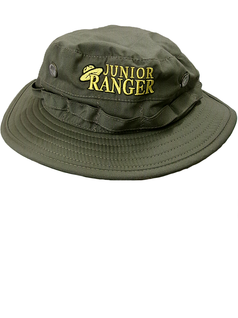 Junior Ranger Hat: Green bucket hat featuring "Junior Ranger" text and a yellow-embroidered ranger hat logo on the front.