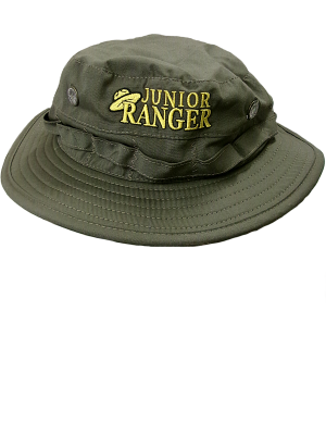 Junior Ranger Hat: Green bucket hat featuring "Junior Ranger" text and a yellow-embroidered ranger hat logo on the front.