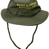 Green Junior Ranger hat with chin strap, featuring "Rocky Mountain National Park" embroidered in yellow.