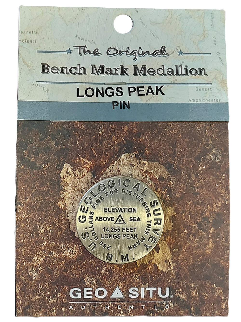A "Longs Peak Summit Marker" pin in packaging, showing an elevation of 14,255 feet and labeled as "The Original Benchmark Medallion" by Geo Situ.