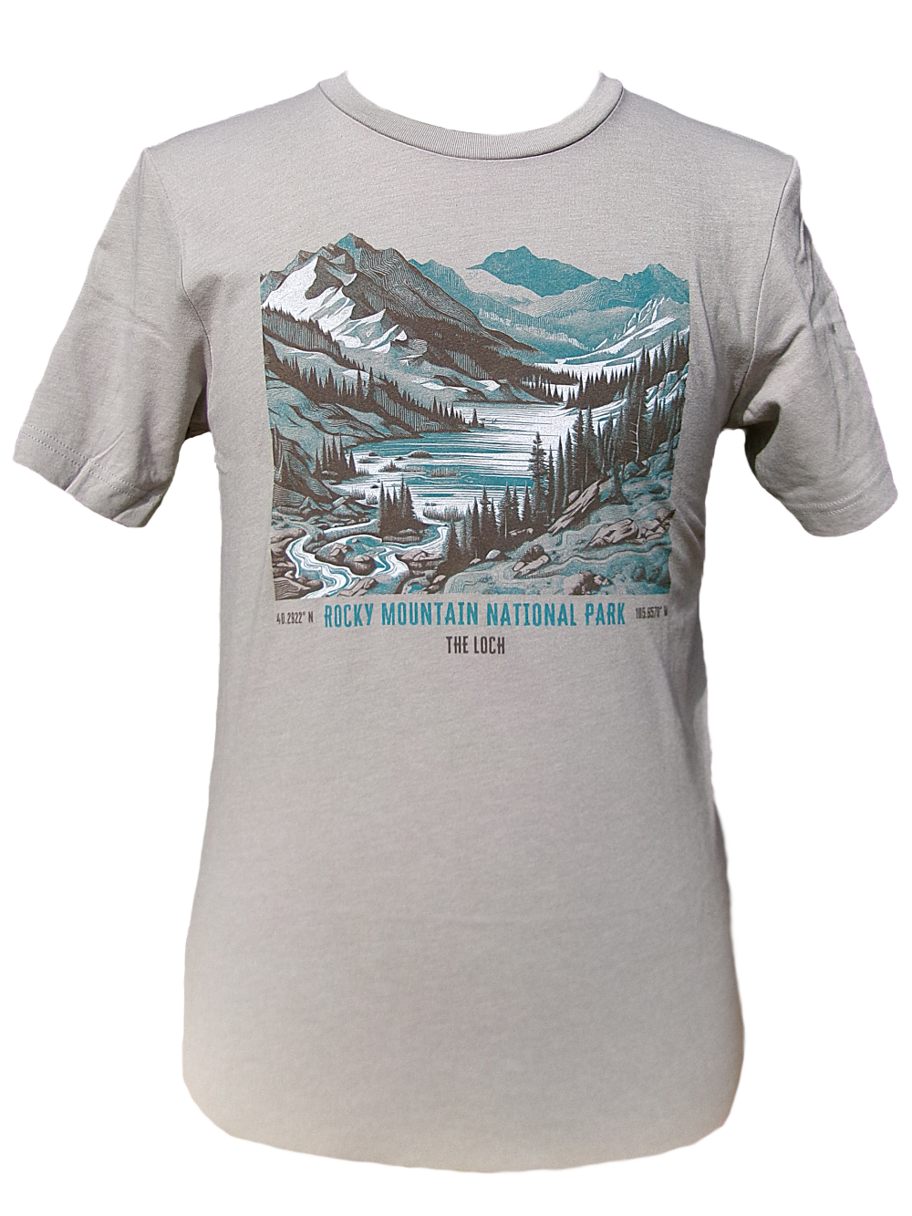 Gray T-shirt featuring an illustrated landscape of RMNP's The Loch Vale, with mountains, trees, and a river.