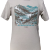 Gray T-shirt featuring an illustrated landscape of RMNP's The Loch Vale, with mountains, trees, and a river.