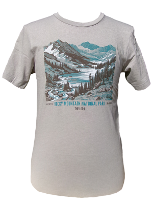 Gray T-shirt featuring an illustrated landscape of RMNP's The Loch Vale, with mountains, trees, and a river.