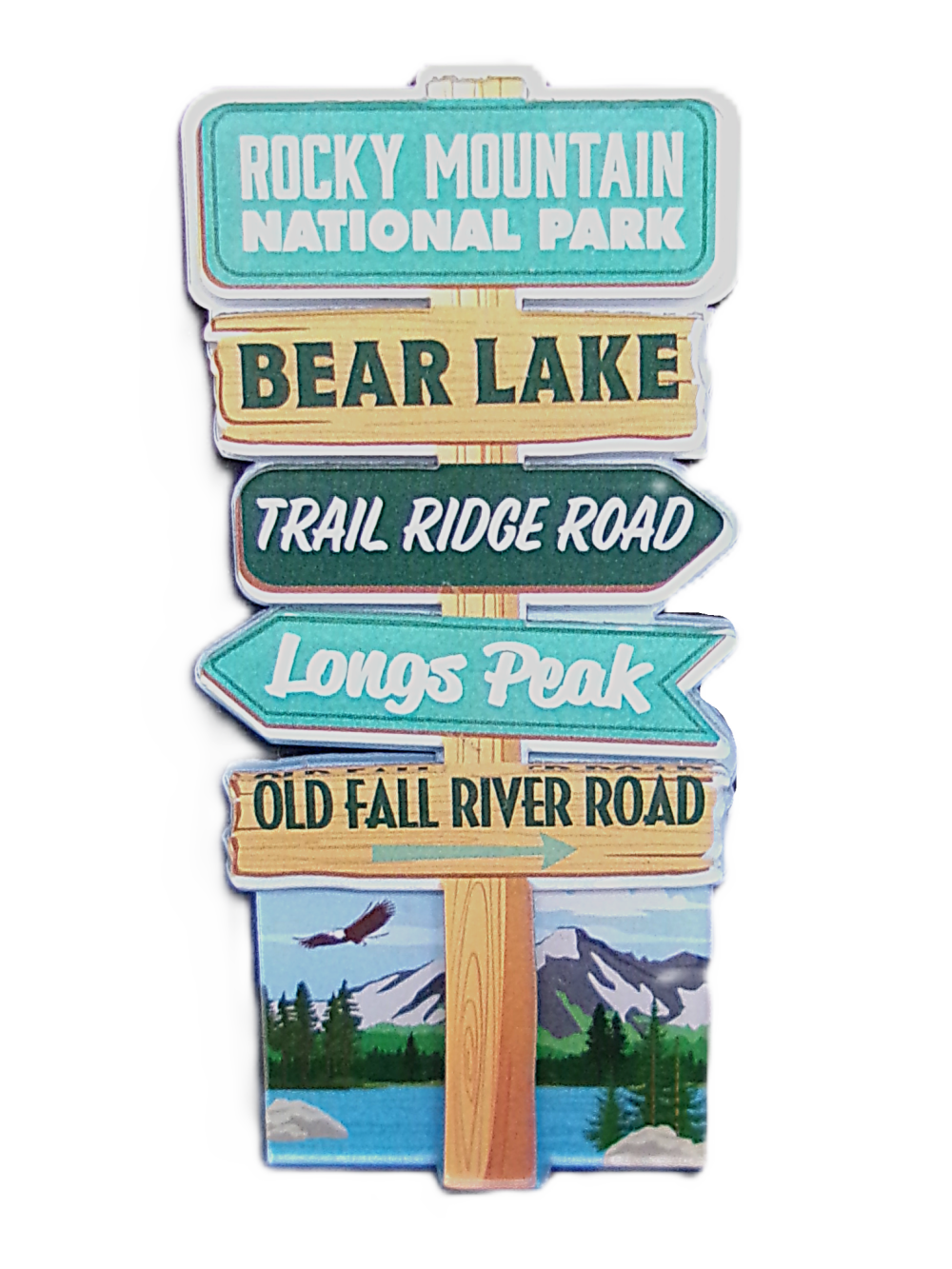 The "Magnet - RMNP Sign" features colorful arrows pointing to Bear Lake, Trail Ridge Road, Longs Peak, and Old Fall River Road beneath "Rocky Mountain National Park," with snowy mountains and a lake in the background.