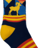 Colorful sock featuring yellow and red mountain scenes, with a yellow ram silhouette and "Rocky Mountain National Park" text. Brand tag "Locale Locally Inspired" attached. Product Name: Socks - RMNP Yellow Ram