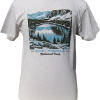 T-Shirt - RMNP Mills Lake: A white T-shirt showcasing a Rocky Mountain National Park design, illustrating scenic mountains, a lake, and trees.