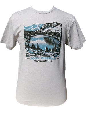 T-Shirt - RMNP Mills Lake: A white T-shirt showcasing a Rocky Mountain National Park design, illustrating scenic mountains, a lake, and trees.