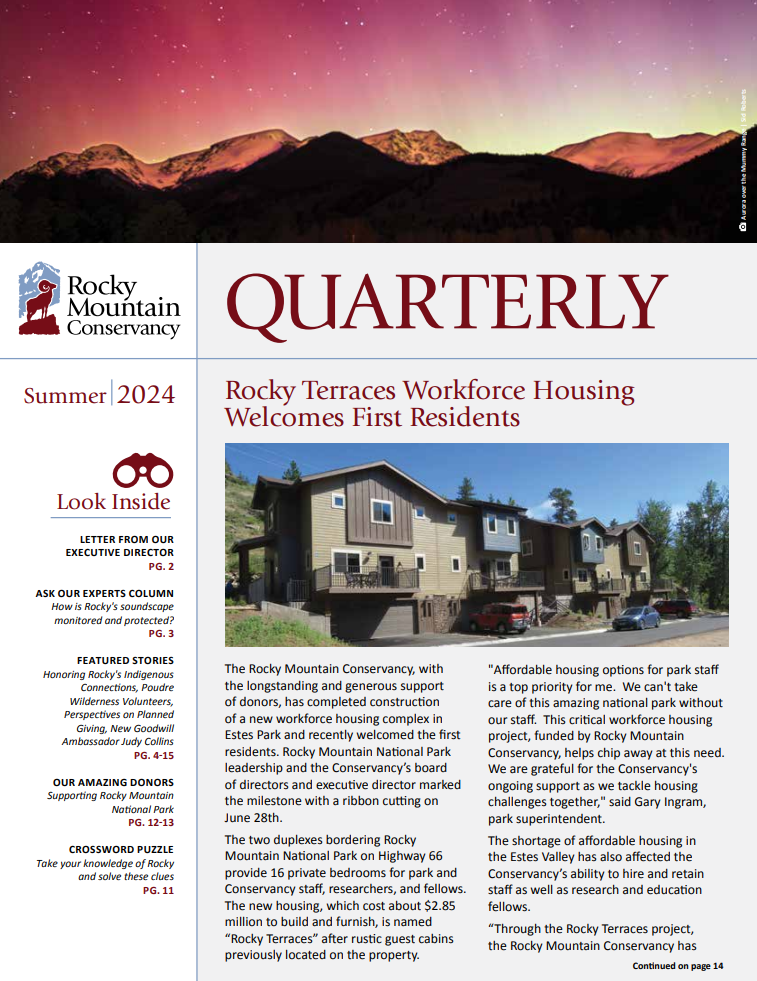 Cover of 2024 Summer Quarterly Newsletter including picture of aurora borealis over Mummy Mountain Range and picture of new workforce housing.