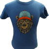 bear sunglasses Introducing the "T-Shirt - Kids RMNP Bear Sunglasses", a blue t-shirt showcasing a graphic of a bear wearing a cap and sunglasses. The cap features a logo with mountains and the text "Rocky Mountain HD".