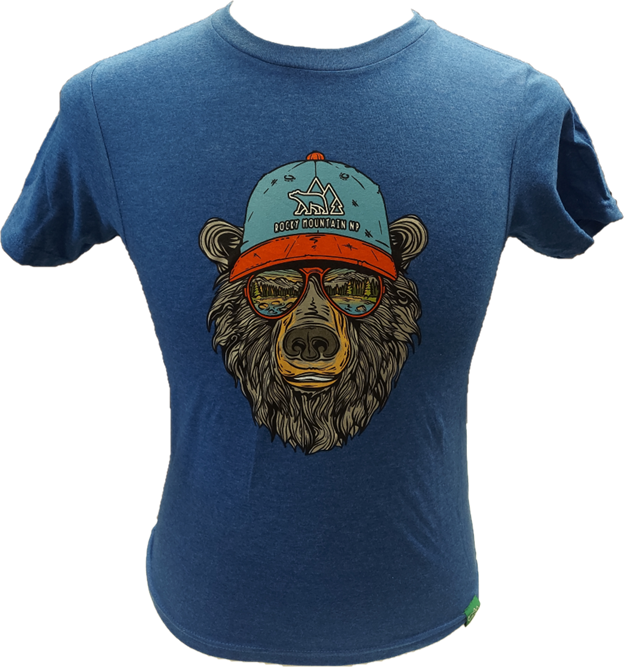 bear sunglasses Introducing the "T-Shirt - Kids RMNP Bear Sunglasses", a blue t-shirt showcasing a graphic of a bear wearing a cap and sunglasses. The cap features a logo with mountains and the text "Rocky Mountain HD".