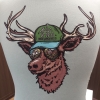 20240908_114927 Illustration of a deer wearing a green cap and sunglasses, printed on the back of the light gray T-Shirt - Kids RMNP Elk Sunglasses.
