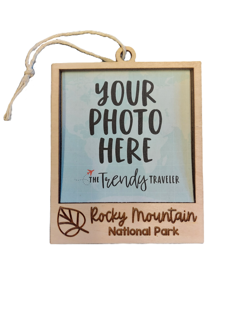 Ornament - Wooden Picture Frame with Aspen Leaf, featuring a string for hanging and labeled "Rocky Mountain National Park," displays the placeholder text "YOUR PHOTO HERE" with "The Trendy Traveler" branding.