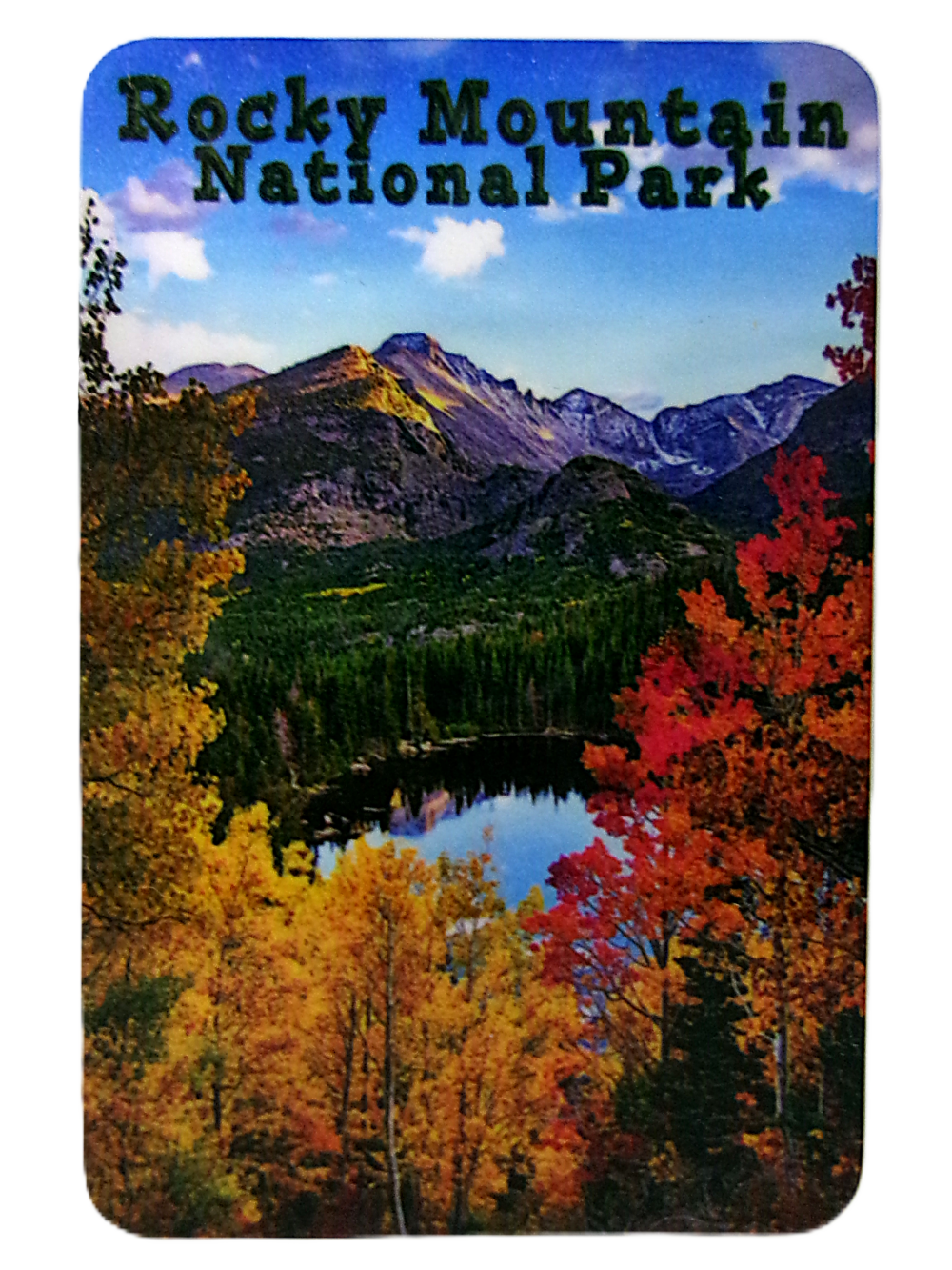 Rocky Mountain National Park magnet titled "RMNP Bear Lake in Fall," showcasing mountains, a lake, and vibrant autumn trees.