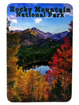 Rocky Mountain National Park magnet titled "RMNP Bear Lake in Fall," showcasing mountains, a lake, and vibrant autumn trees.