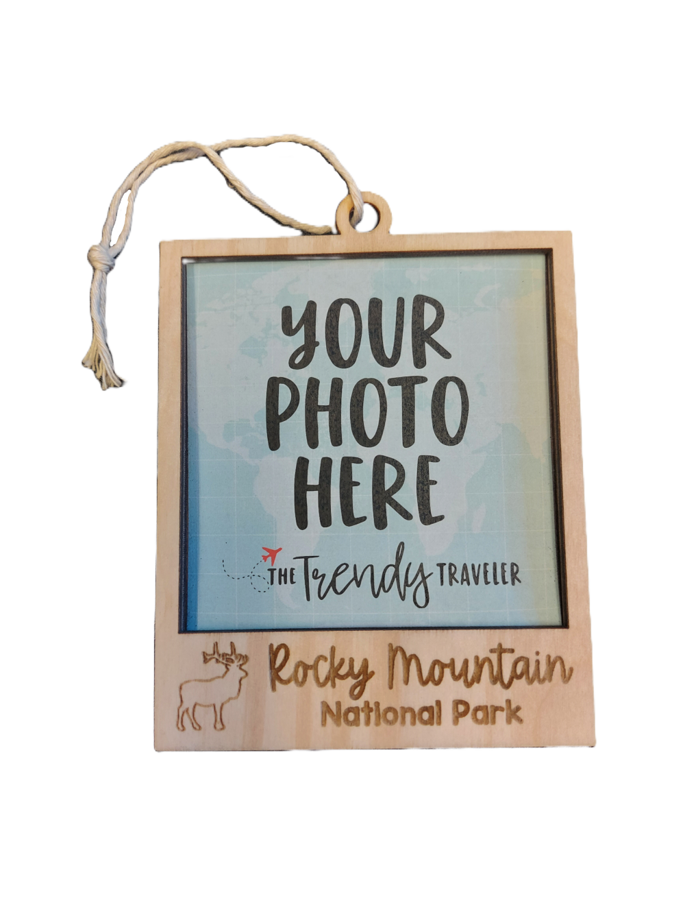 Elk Frame Ornament - Wooden Picture Frame with Elk, featuring "Your Photo Here" text and "Rocky Mountain National Park" branding, complete with a small illustration of an elk and a plane.