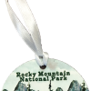 A circular ornament with a ribbon, featuring an illustration of a forest, mountains, an elk, and the text "Rocky Mountain National Park," called Ornament - RMNP Mountain Elk.