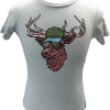 elk sunglasses A light grey kids' t-shirt adorned with an illustration of an elk head sporting a green cap and mirrored sunglasses.