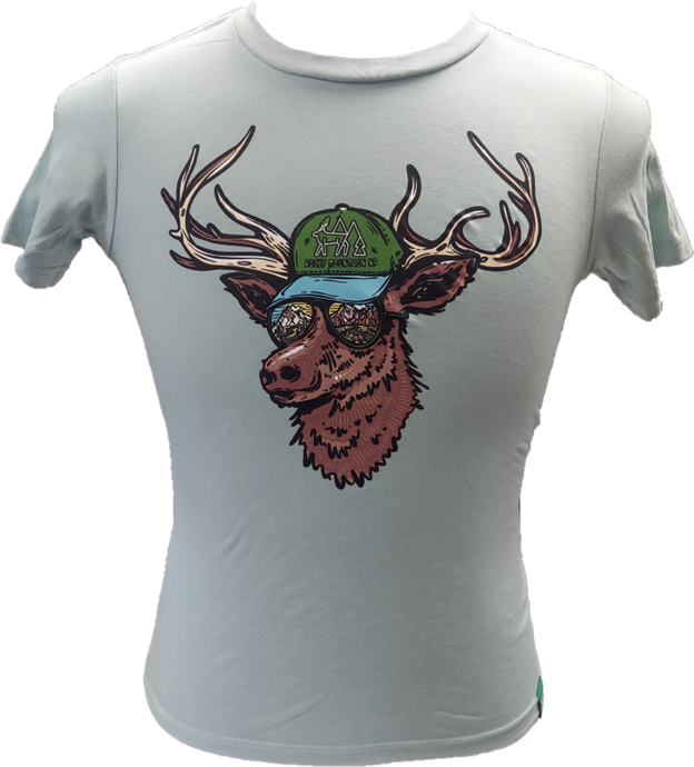 elk sunglasses A light grey kids' t-shirt adorned with an illustration of an elk head sporting a green cap and mirrored sunglasses.