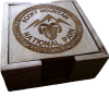 set in box A wooden box with an engraved ram's head emblem labeled "Rocky Mountain National Park," highlighting various park locations and features, designed to house the RMNP Coaster Set of Four.