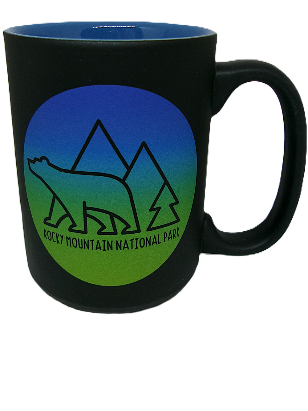Black "RMNP Bear Logo" mug featuring a bear and mountain design with the text "Rocky Mountain National Park.