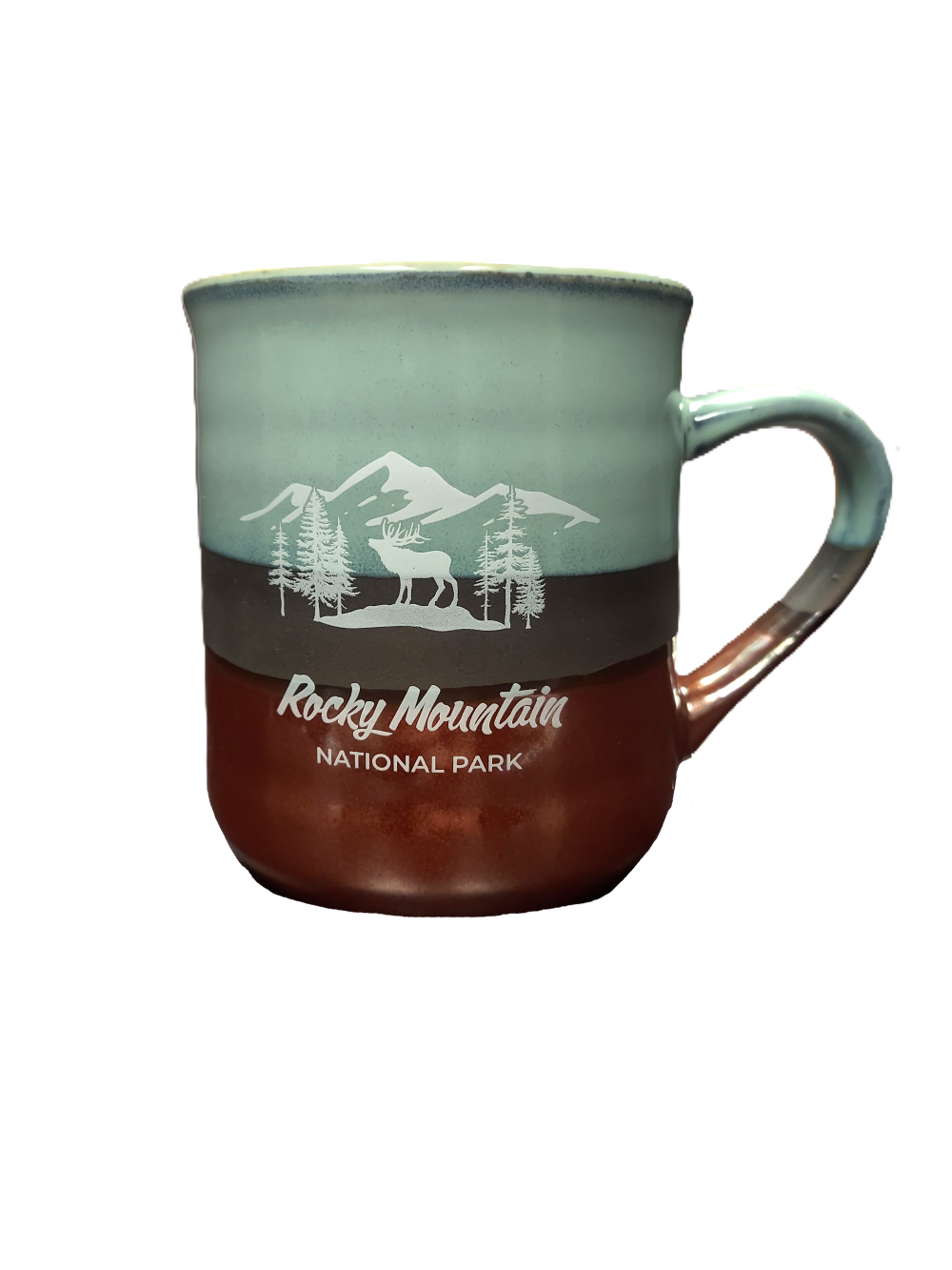 Copper mug 2 Product Description: A "Mug - RMNP Mod Collage (Copy)" ceramic mug showcasing the text "Rocky Mountain National Park" alongside an image of mountains, trees, and an elk set against a green and brown backdrop.