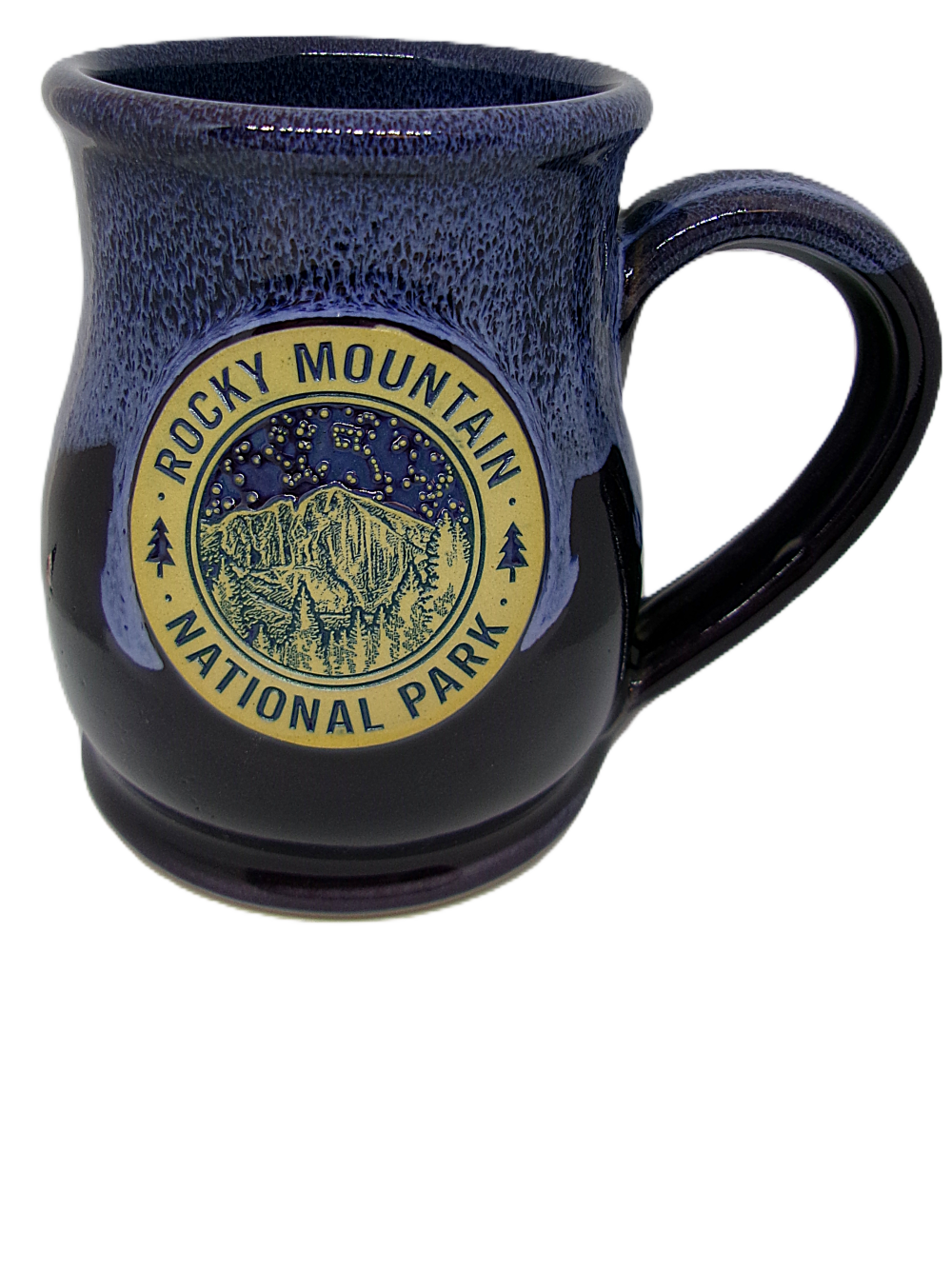 Deneen Night Sky Blue ceramic mug named "Mug - Deneen RMNP Longs Peak," featuring "Rocky Mountain National Park" emblem with mountain and trees design.