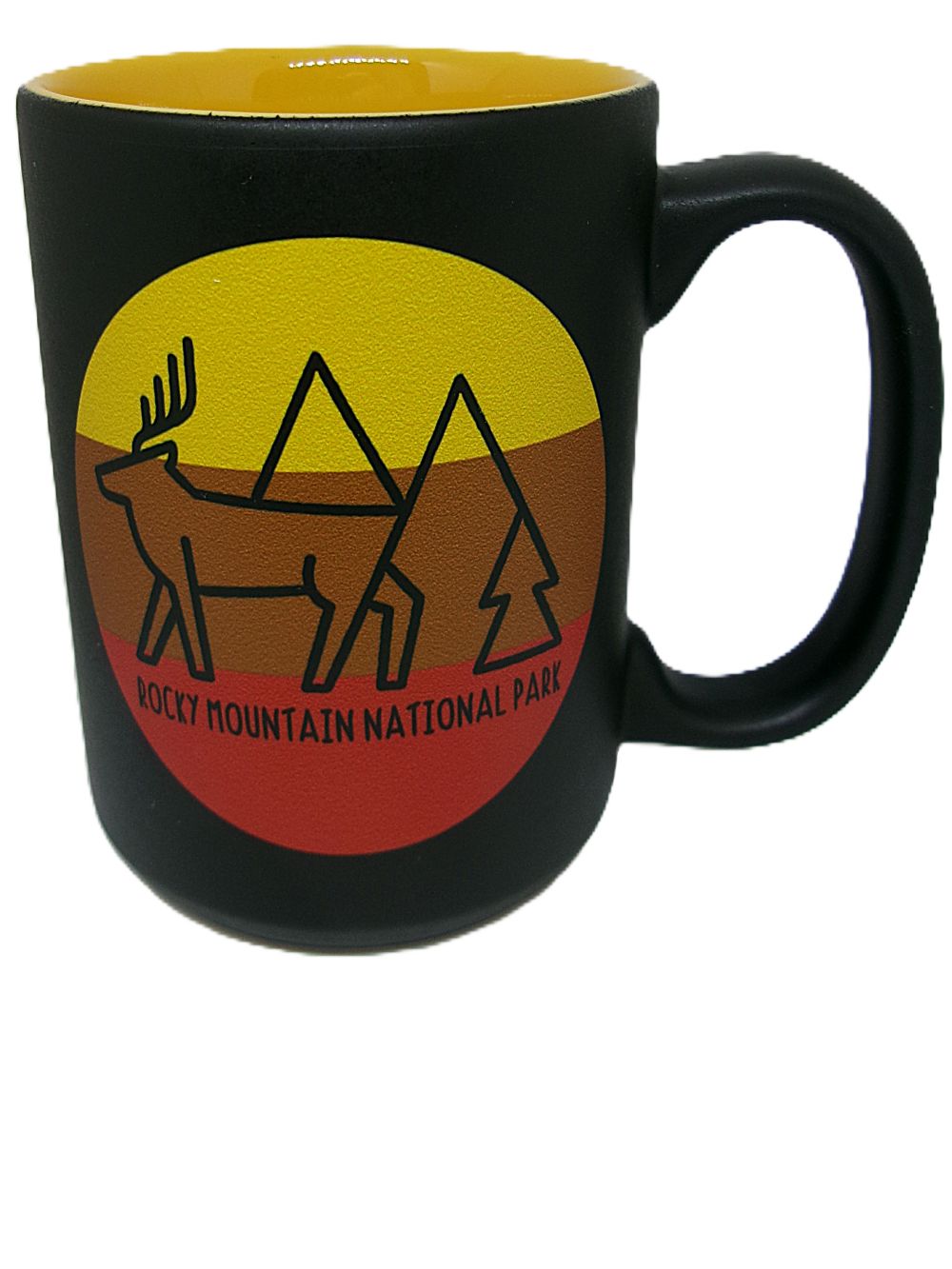 Black Mug - RMNP Elk Logo featuring a stylized elk, tree, and mountain design with "Rocky Mountain National Park" text on a circular red, orange, and yellow background.