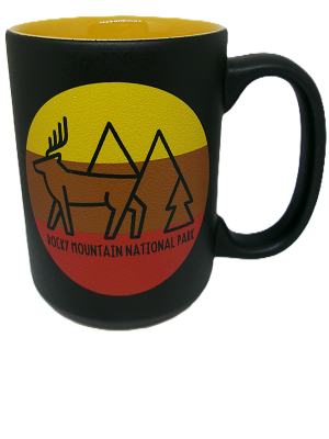 Black Mug - RMNP Elk Logo featuring a stylized elk, tree, and mountain design with "Rocky Mountain National Park" text on a circular red, orange, and yellow background.
