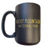 Black mug with the "RMNP Elk Logo" design and the text "Rocky Mountain National Park" in yellow letters.