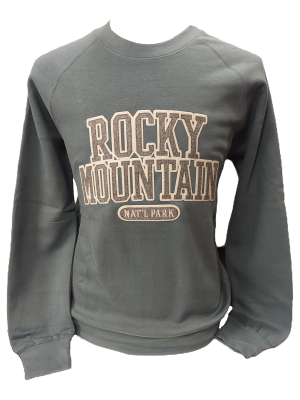Gray RMNP Vintage Crewneck featuring "Rocky Mountain Nat'l Park" text on the front.