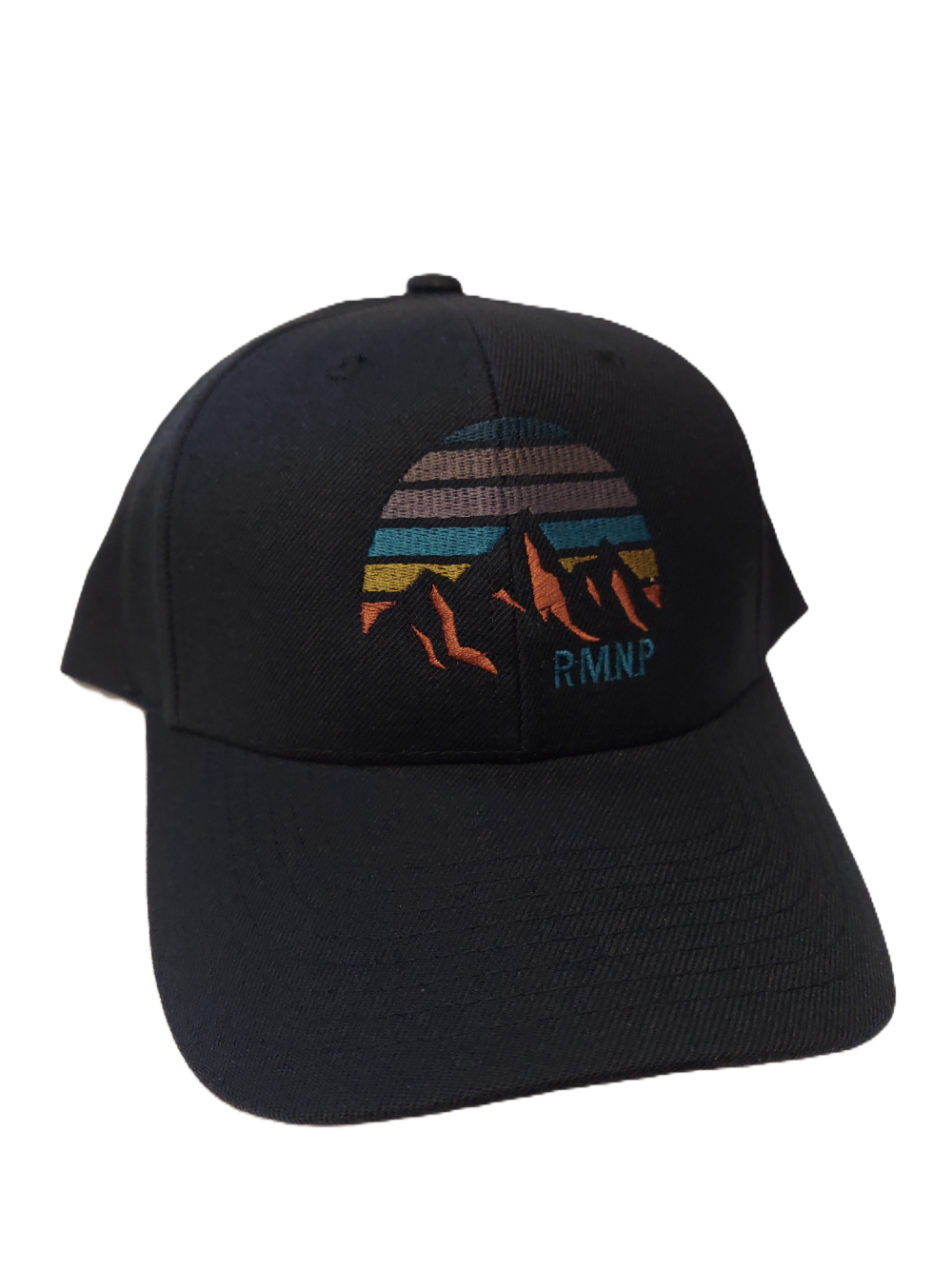A black "Hat - RMNP Mountain Sunset" featuring a vibrant striped mountain design and the letters "RMNP" embroidered on the front.