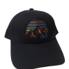 A black "Hat - RMNP Mountain Sunset" featuring a vibrant striped mountain design and the letters "RMNP" embroidered on the front.