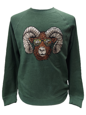 The "Sweatshirt - RMNP Ram Sunglasses Crewneck" is a green sweatshirt featuring a ram's head wearing sunglasses with the label "Rocky Mountain Park.