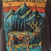 This design on a sweatshirt features an illustrated elk in front of vibrant mountains with the text "Rocky Mountain National Park," on the RMNP Scribble Elk Hooded style.