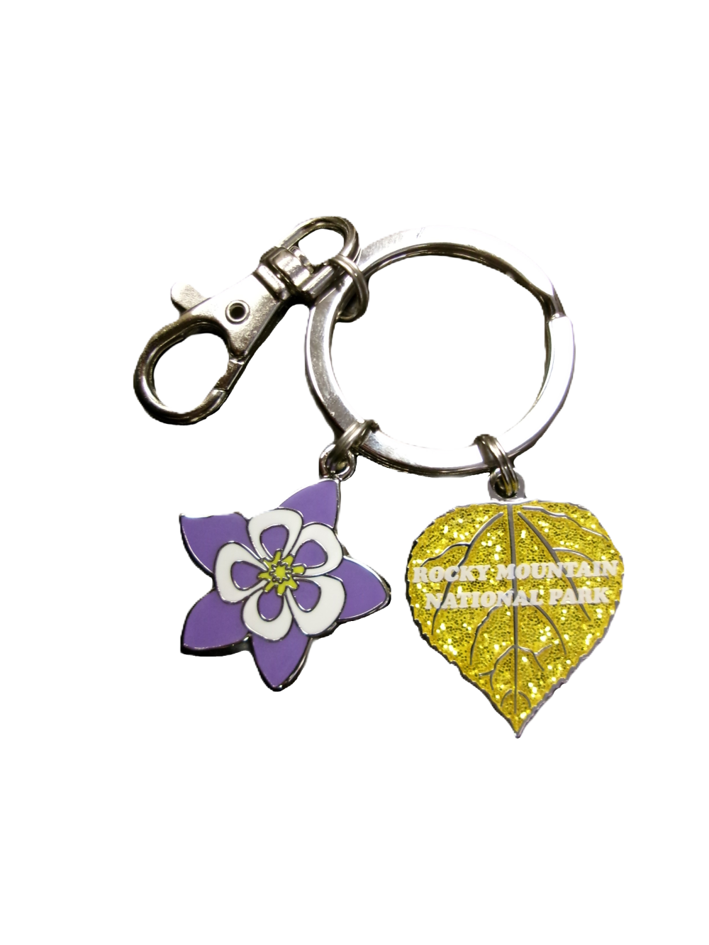 Keychain - Aspen and Columbine: Features a silver ring and clasp with two charms—a purple flower and a yellow leaf inscribed with "Rocky Mountain National Park.