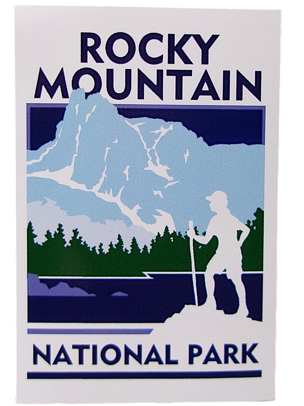 Hiker Sticker The Sticker-RMNP Travel Sticker Scenic Hiker showcases a hiker silhouette with a trekking pole against blue mountains and trees.